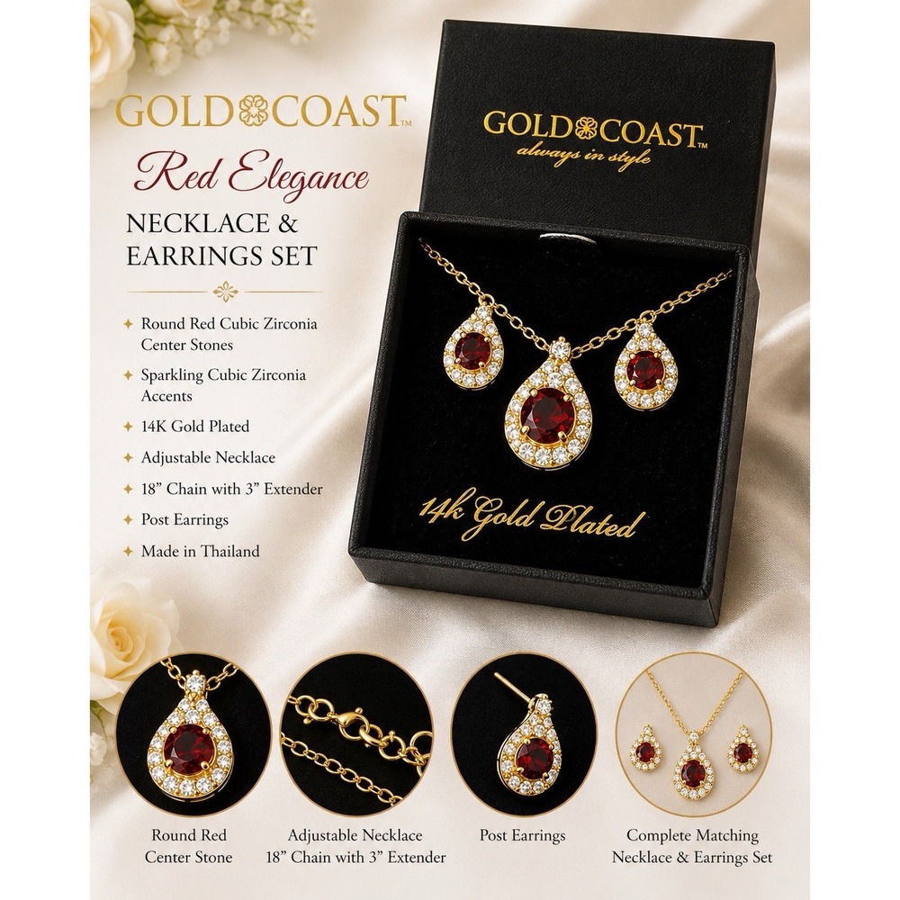 Gold Coast 14K Gold Plated Red CZ Necklace Earrings Set SKU001K1G NWT